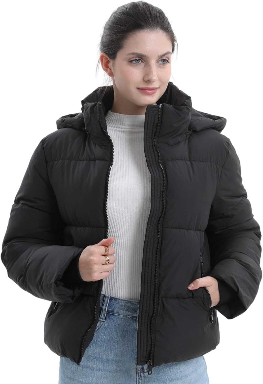 Women's Cropped Quilted Puffer Jacket with Removable Hood and Zippered Pockets Short Winter Coat