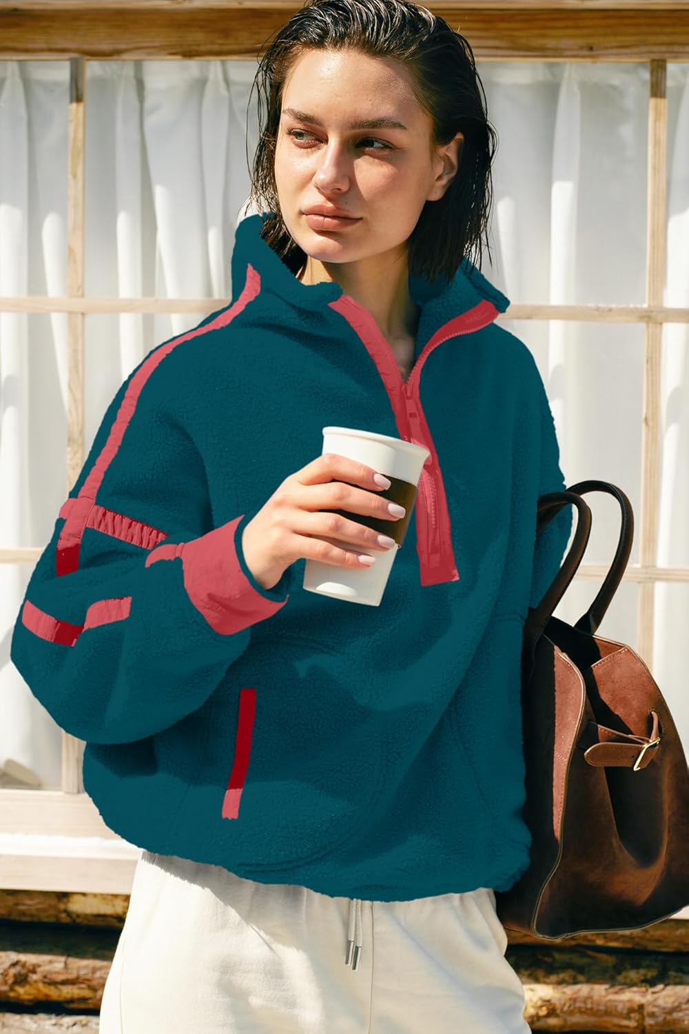 Panadila Women's Oversized Half Zip Sherpa Fleece Pullover Soft Fuzzy Sweatshirt with Pockets