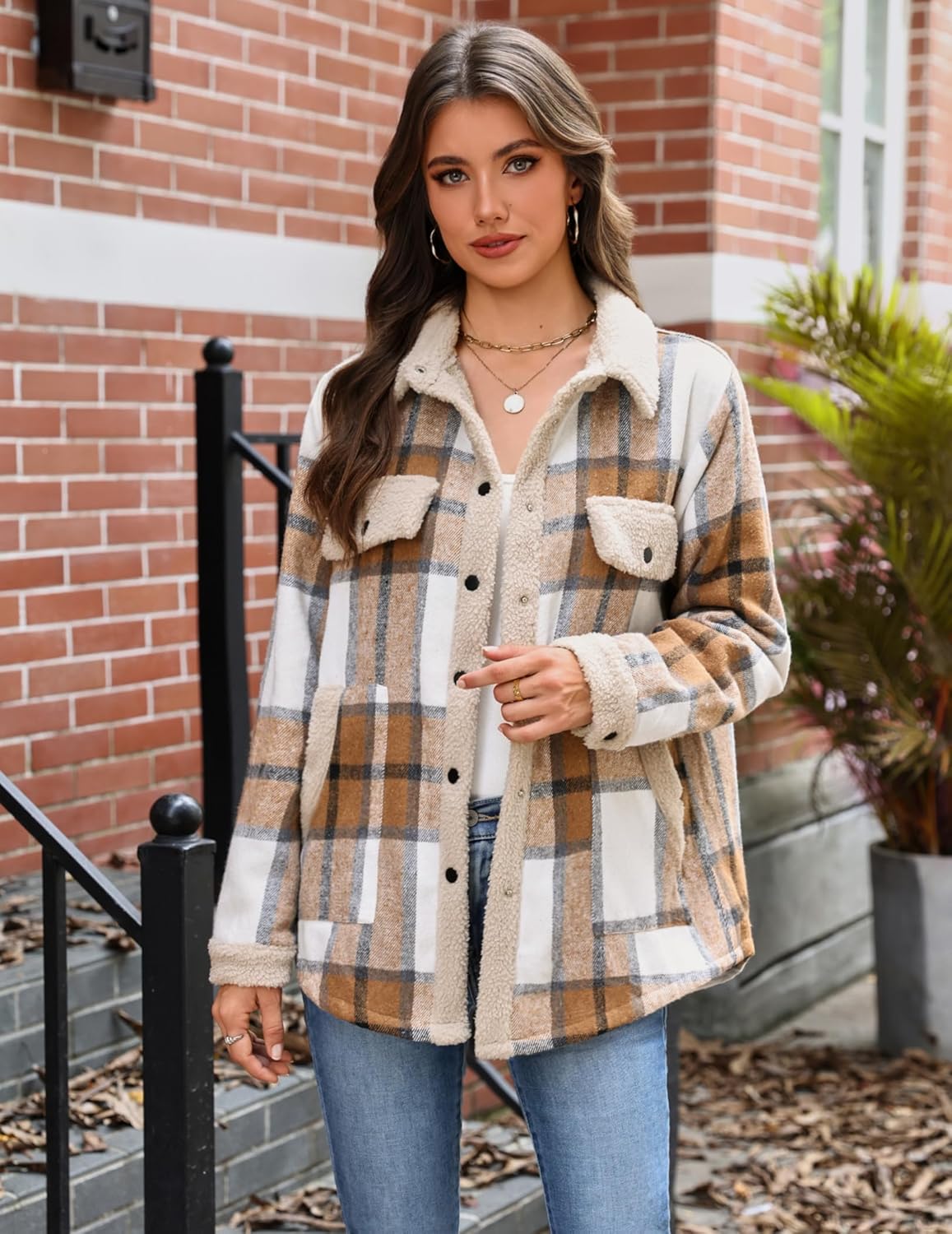 Zeagoo Women's Plaid Flannel Sherpa Lined Shacket Fleece Button Down Cozy Warm Fall Winter Jacket Coat S-XXL