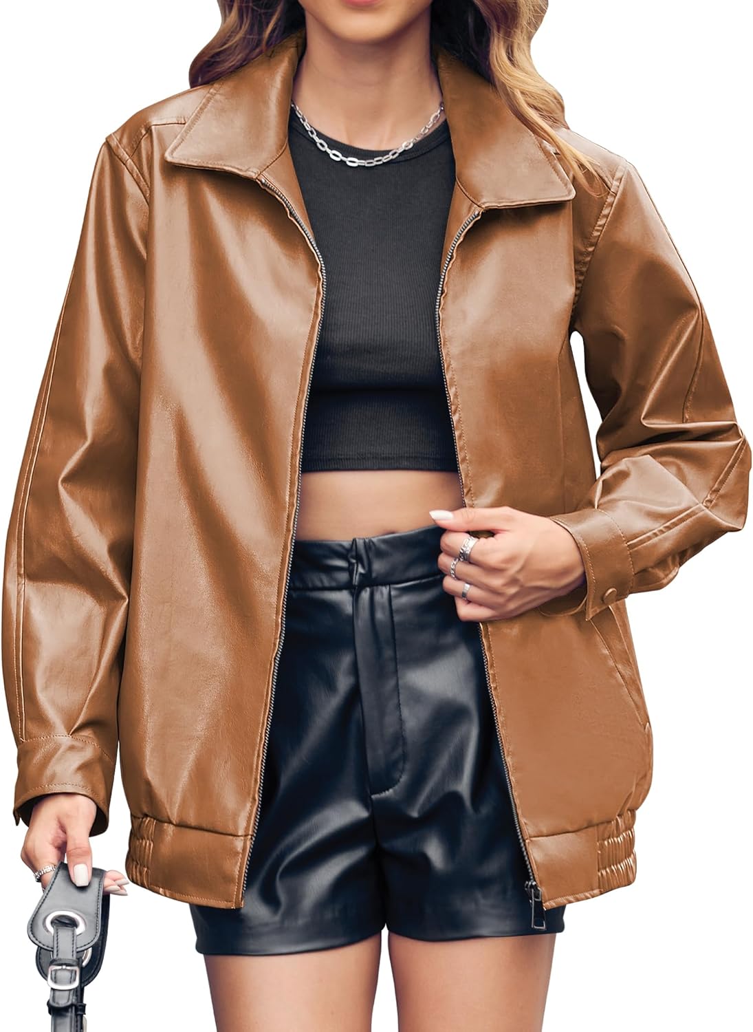 Miladusa Women's Oversized Faux Leather Zip-Up Bomber Motorcycle Jacket with Pockets