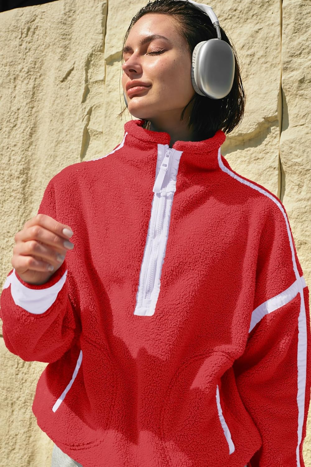 Panadila Women's Oversized Half Zip Sherpa Fleece Pullover Soft Fuzzy Sweatshirt with Pockets