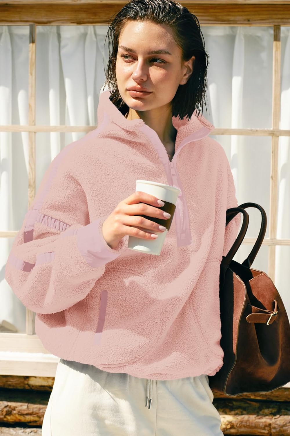 Panadila Women's Oversized Half Zip Sherpa Fleece Pullover Soft Fuzzy Sweatshirt with Pockets