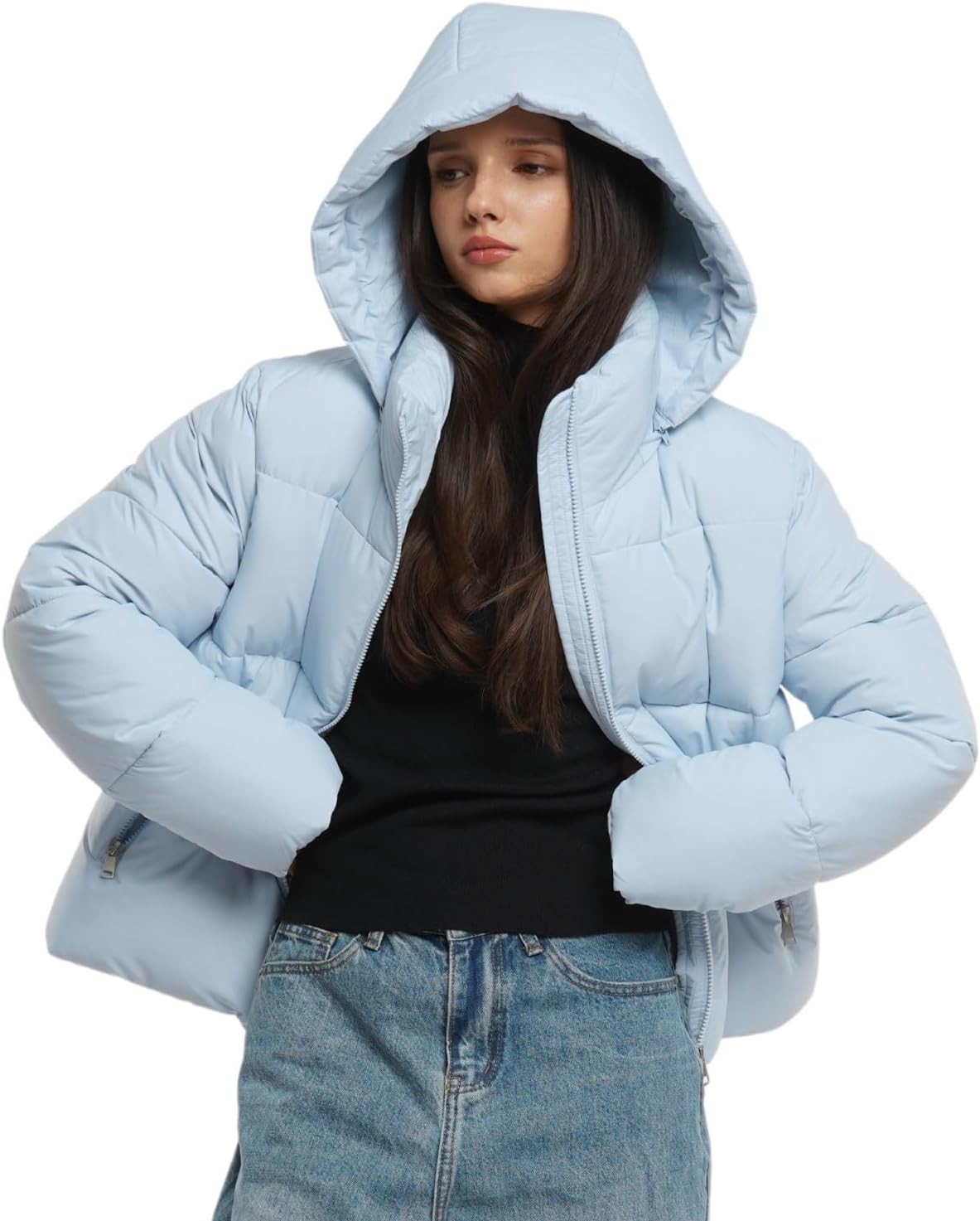 Women's Cropped Quilted Puffer Jacket with Removable Hood and Zippered Pockets Short Winter Coat