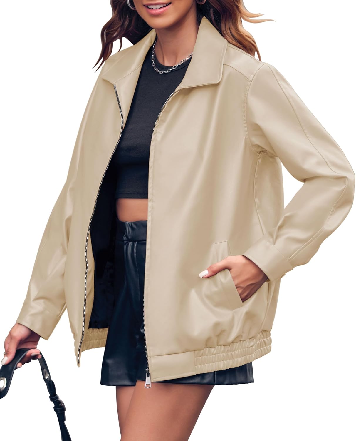 Miladusa Women's Oversized Faux Leather Zip-Up Bomber Motorcycle Jacket with Pockets