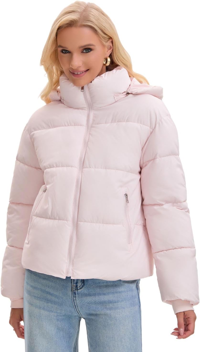 Women's Cropped Quilted Puffer Jacket with Removable Hood and Zippered Pockets Short Winter Coat