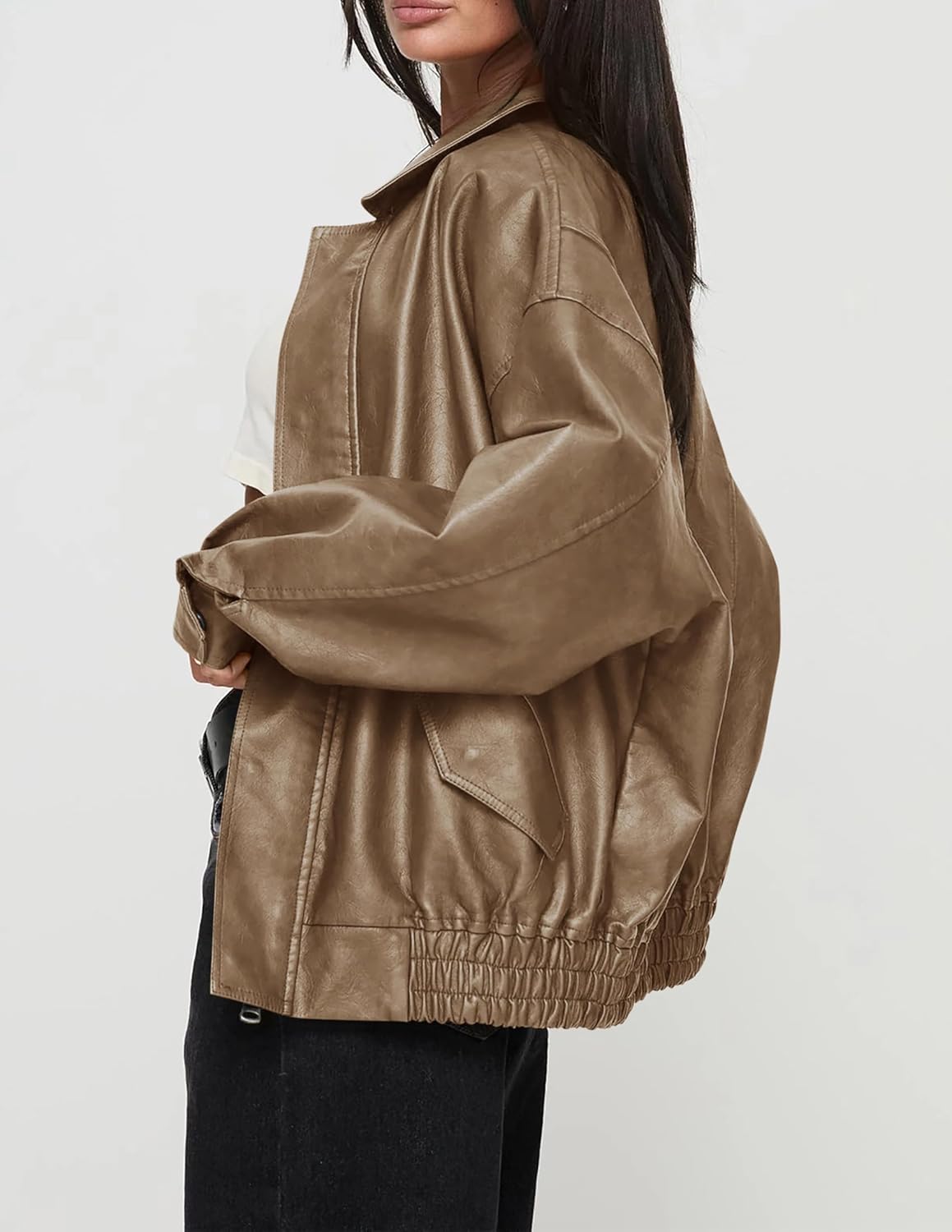 PRETTYGARDEN Women's Oversized Faux Leather Motorcycle Jacket Zip-Up Fall Spring Winter Coat Outerwear