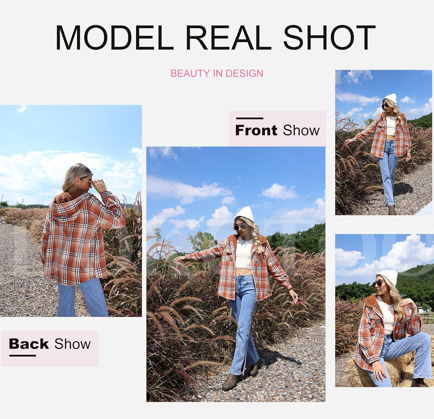 Dokotoo Women's Plaid Fleece Hooded Shacket Long Sleeve Button Down Warm Jacket Coat