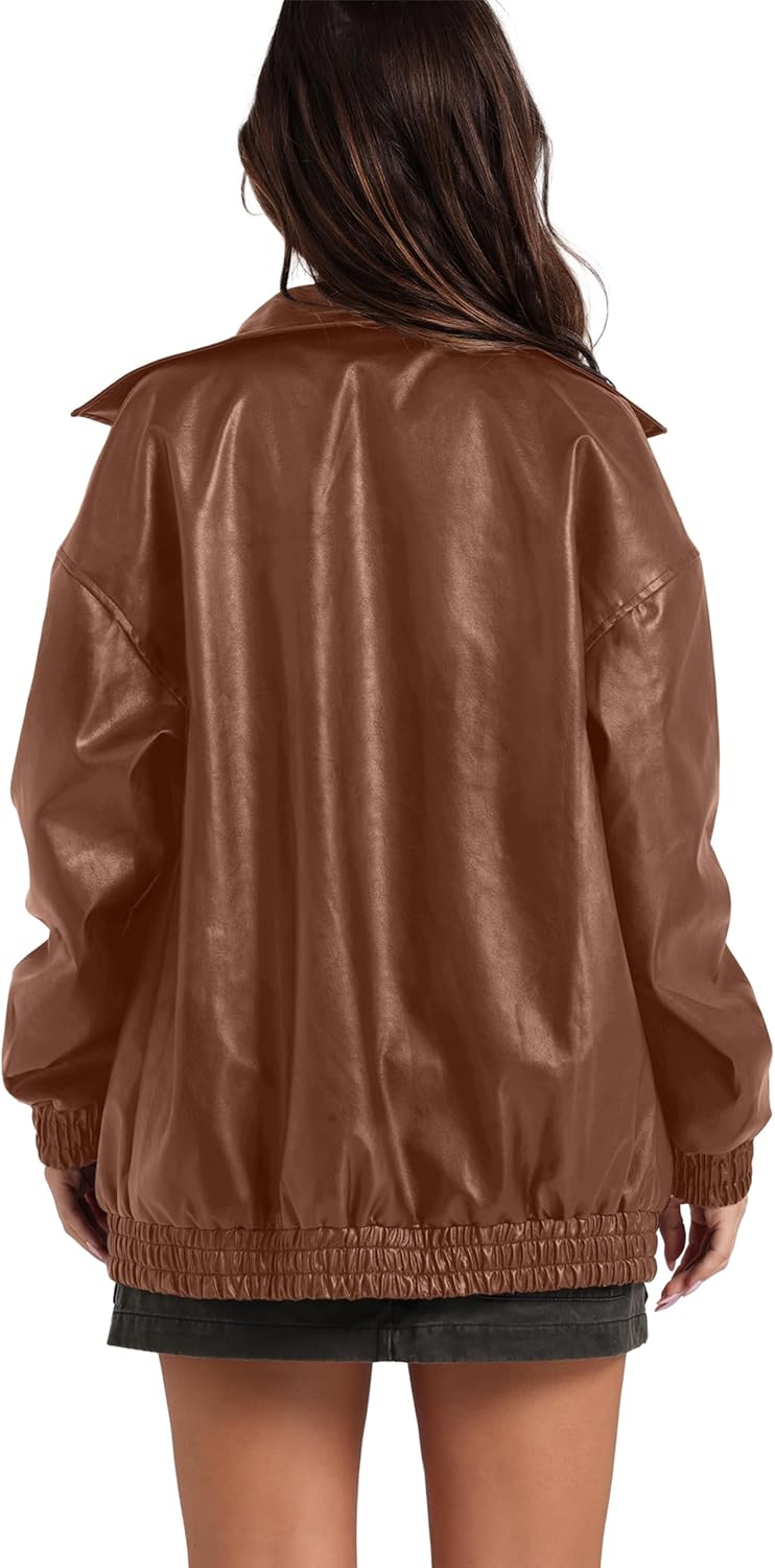 Sampeel Women's Faux Leather Oversized Motorcycle Jacket 2025 Fall Fashion Bomber Coat Winter Outfit