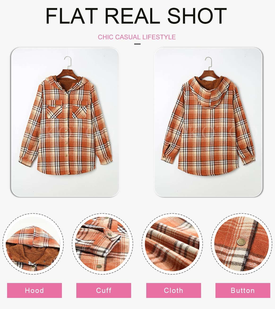 Dokotoo Women's Plaid Fleece Hooded Shacket Long Sleeve Button Down Warm Jacket Coat