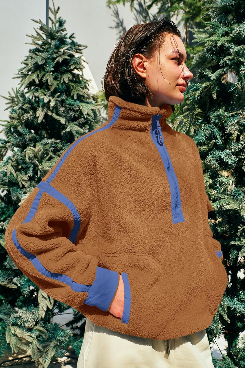 Panadila Women's Oversized Half Zip Sherpa Fleece Pullover Soft Fuzzy Sweatshirt with Pockets