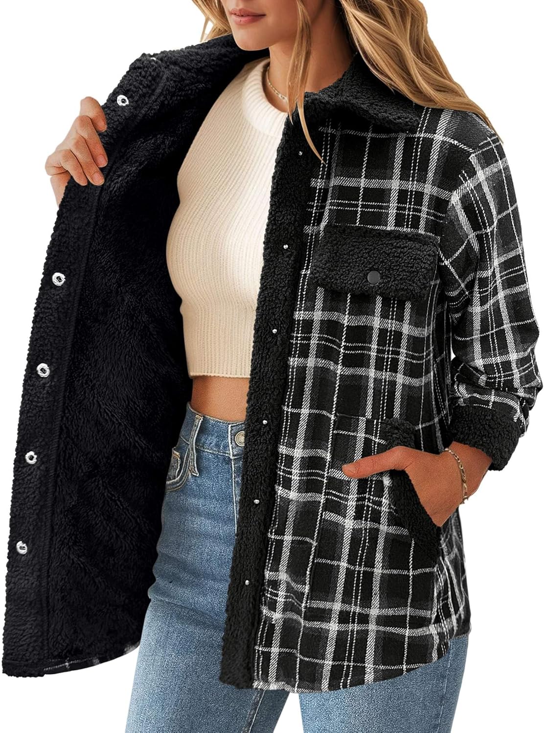 Zeagoo Women's Plaid Flannel Sherpa Lined Shacket Fleece Button Down Cozy Warm Fall Winter Jacket Coat S-XXL