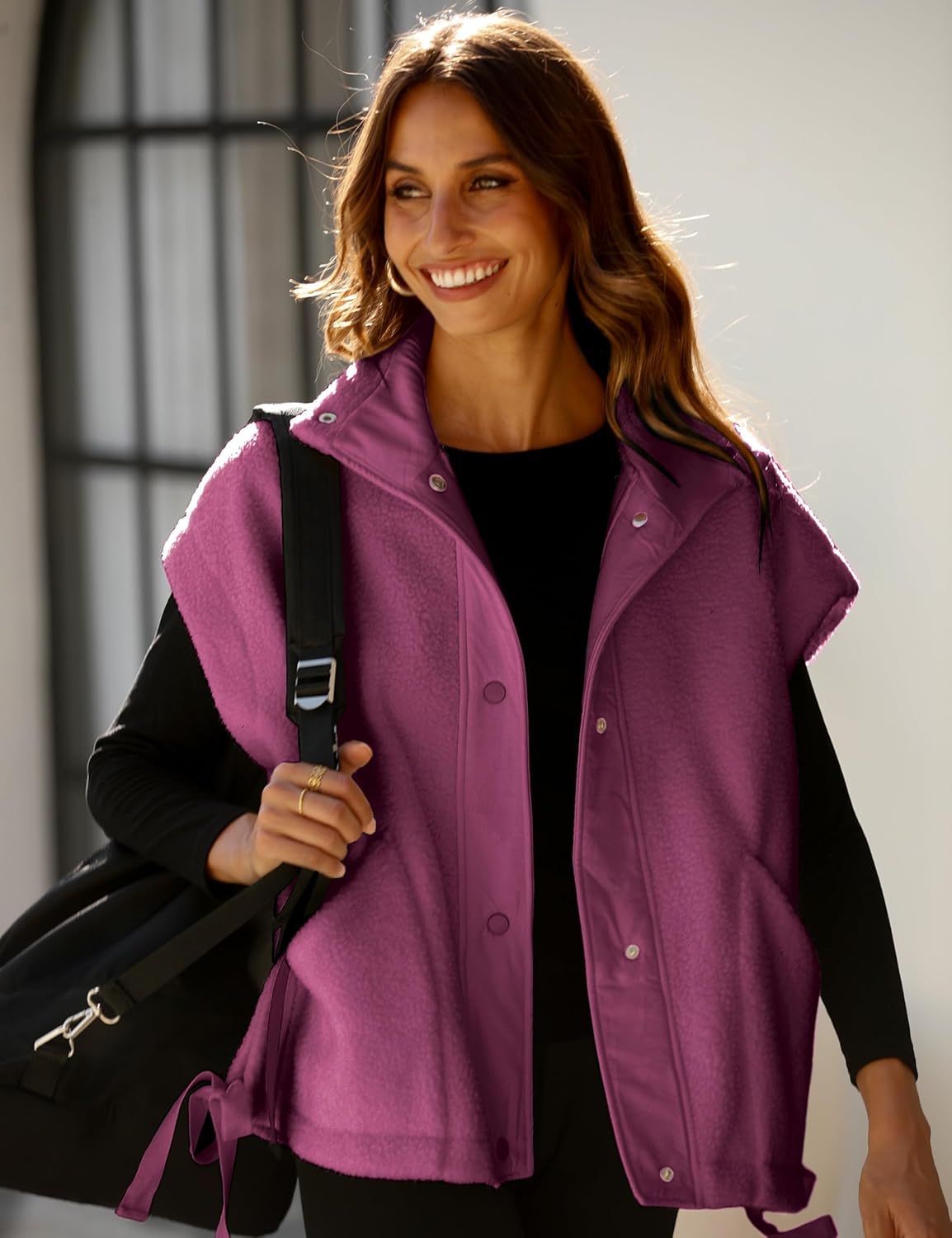 OPCAKM Women's Oversized Fuzzy Fleece Sherpa Vest Button Down Sleeveless Jacket with Pockets