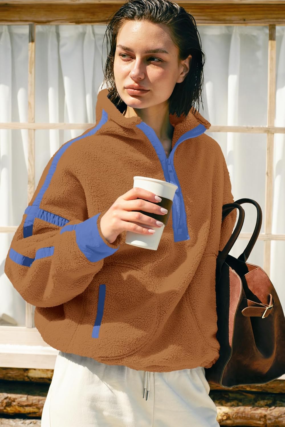 Panadila Women's Oversized Half Zip Sherpa Fleece Pullover Soft Fuzzy Sweatshirt with Pockets