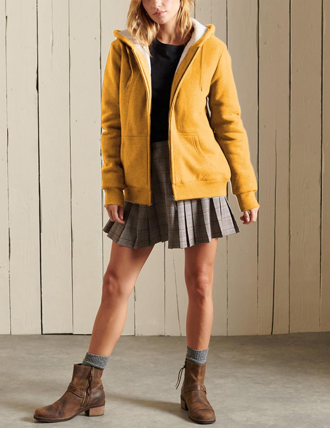 Yeokou Women's Casual Sherpa-Lined Full Zip Hoodie Jacket