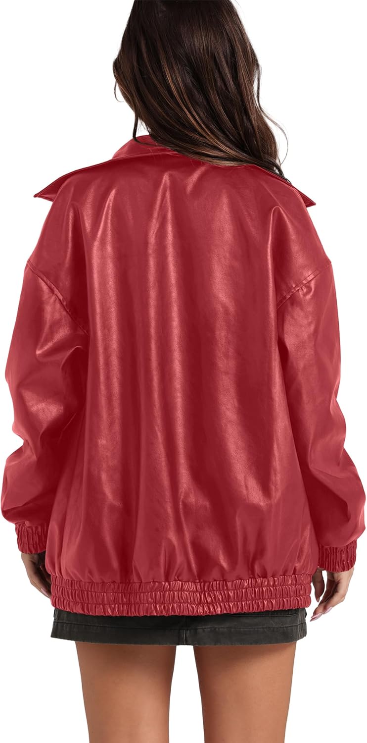 Sampeel Women's Faux Leather Oversized Motorcycle Jacket 2025 Fall Fashion Bomber Coat Winter Outfit