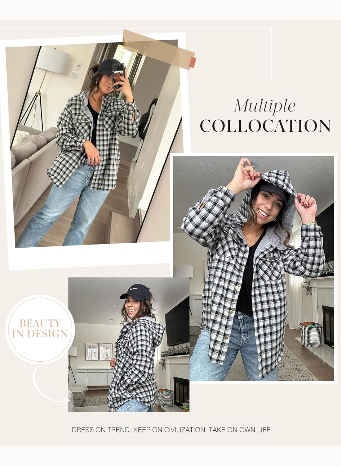 Dokotoo Women's Plaid Fleece Hooded Shacket Long Sleeve Button Down Warm Jacket Coat