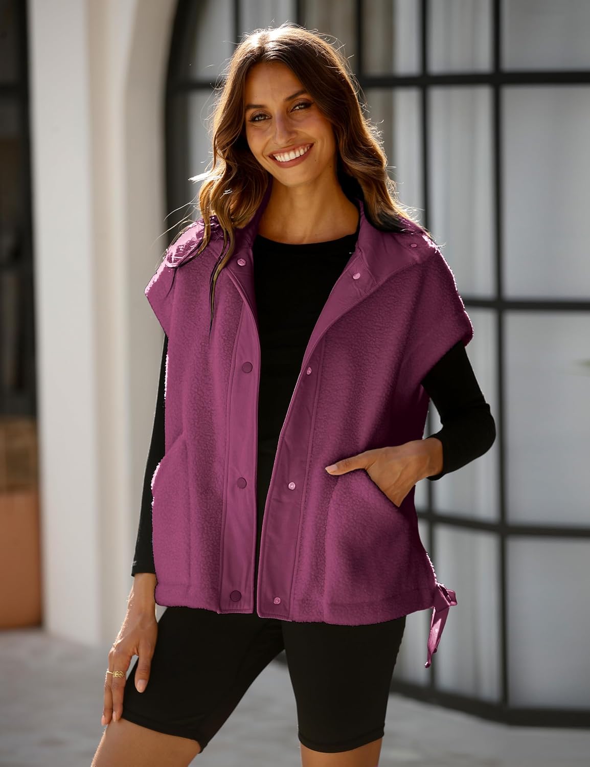 OPCAKM Women's Oversized Fuzzy Fleece Sherpa Vest Button Down Sleeveless Jacket with Pockets