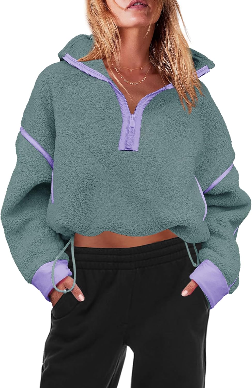 Panadila Women's Oversized Half Zip Sherpa Fleece Pullover Soft Fuzzy Sweatshirt with Pockets