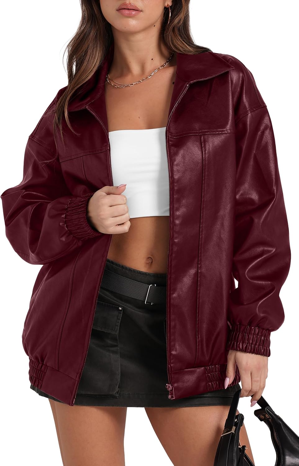 Sampeel Women's Faux Leather Oversized Motorcycle Jacket 2025 Fall Fashion Bomber Coat Winter Outfit