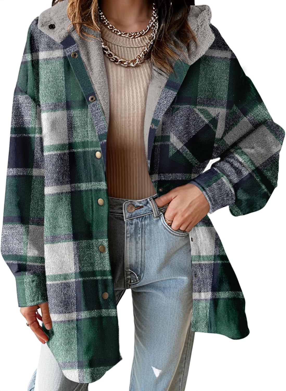 Dokotoo Women's 2025 Flannel Plaid Hooded Shacket Thick Fleece Button Down Winter Jacket Coat for Warmth