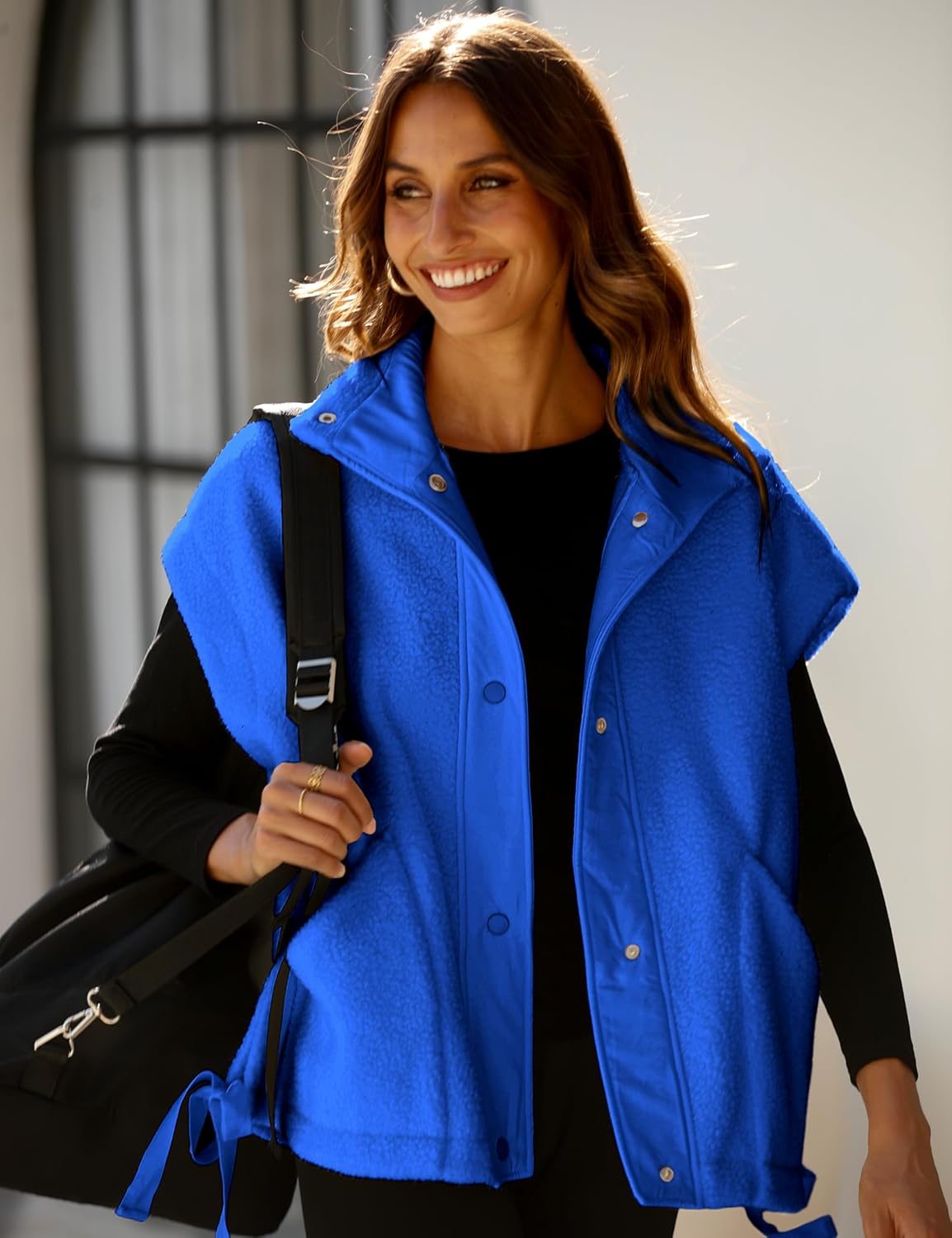 OPCAKM Women's Oversized Fuzzy Fleece Sherpa Vest Button Down Sleeveless Jacket with Pockets