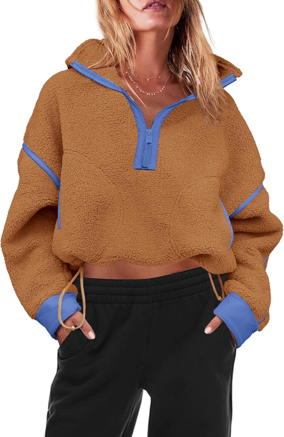 Panadila Women's Oversized Half Zip Sherpa Fleece Pullover Soft Fuzzy Sweatshirt with Pockets