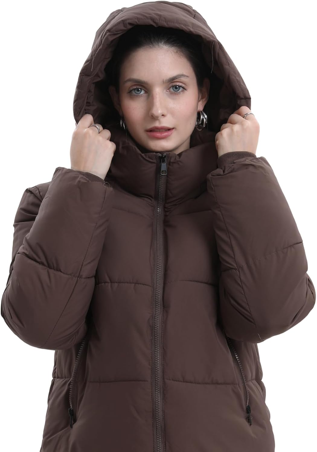 Women's Cropped Quilted Puffer Jacket with Removable Hood and Zippered Pockets Short Winter Coat