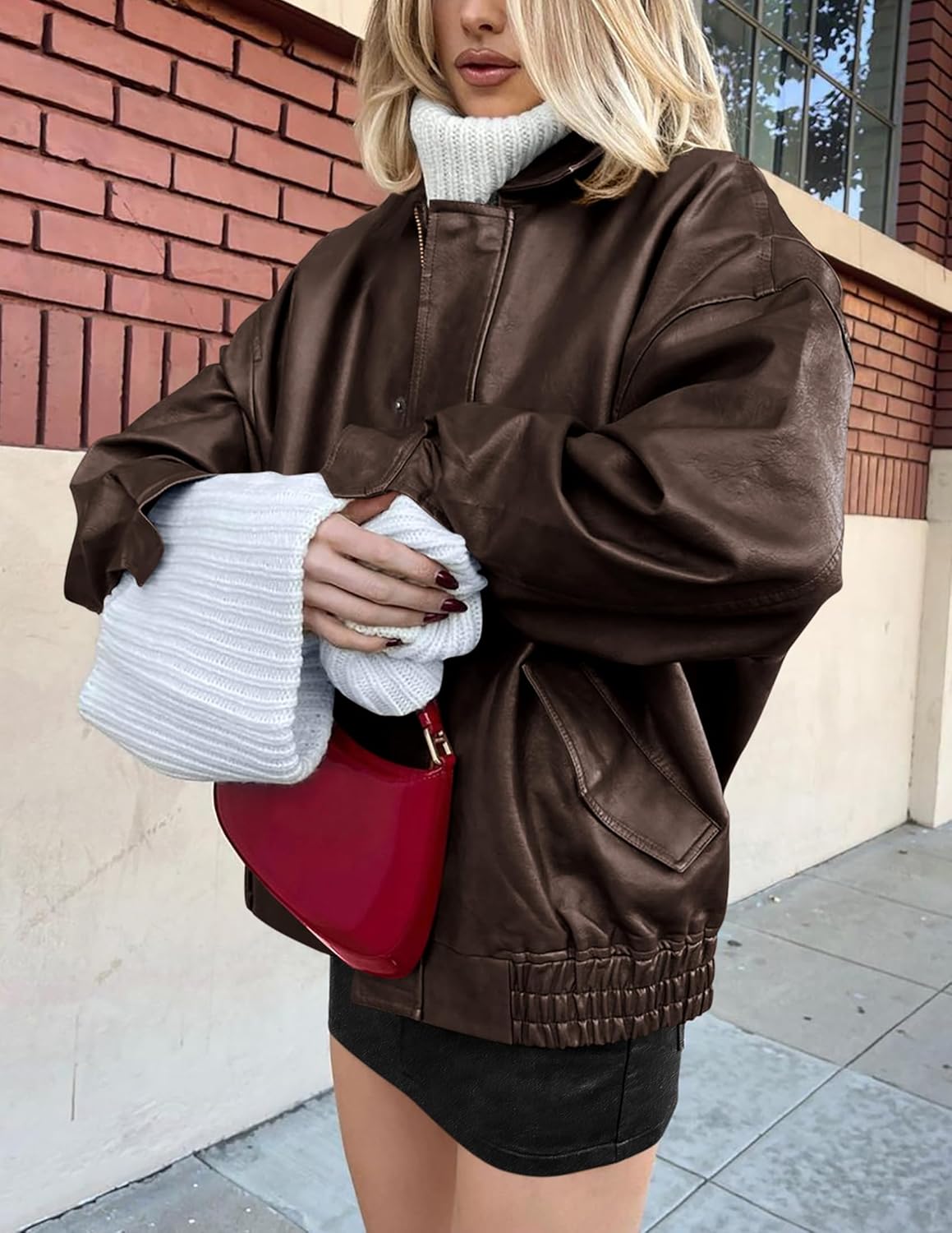 PRETTYGARDEN Women's Oversized Faux Leather Motorcycle Jacket Zip-Up Fall Spring Winter Coat Outerwear