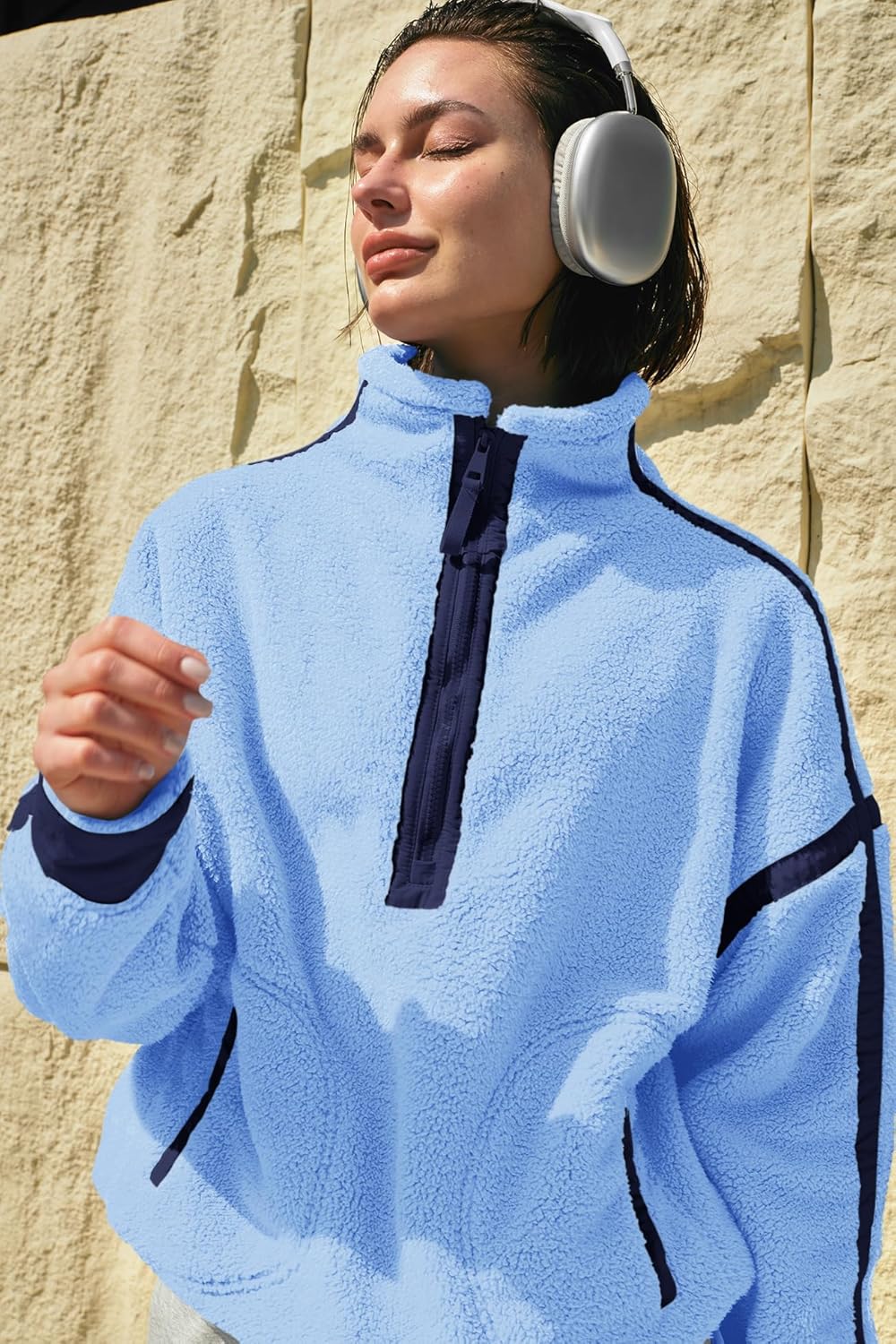 Panadila Women's Oversized Half Zip Sherpa Fleece Pullover Soft Fuzzy Sweatshirt with Pockets