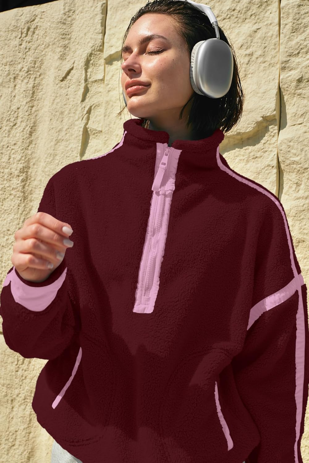 Panadila Women's Oversized Half Zip Sherpa Fleece Pullover Soft Fuzzy Sweatshirt with Pockets