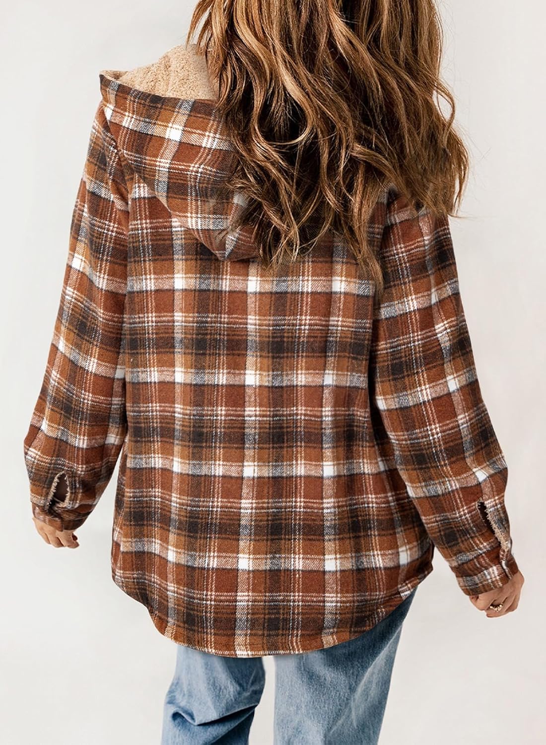 Dokotoo Women's Plaid Fleece Hooded Shacket Long Sleeve Button Down Warm Jacket Coat