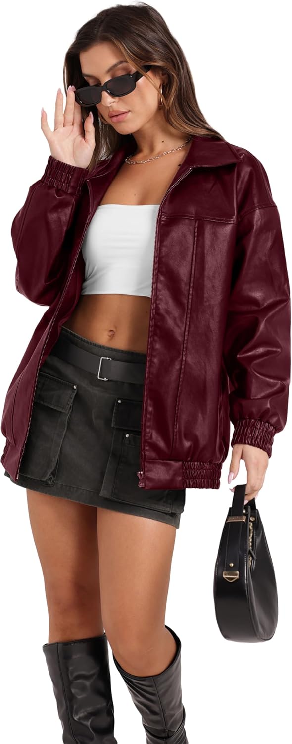 Sampeel Women's Faux Leather Oversized Motorcycle Jacket 2025 Fall Fashion Bomber Coat Winter Outfit