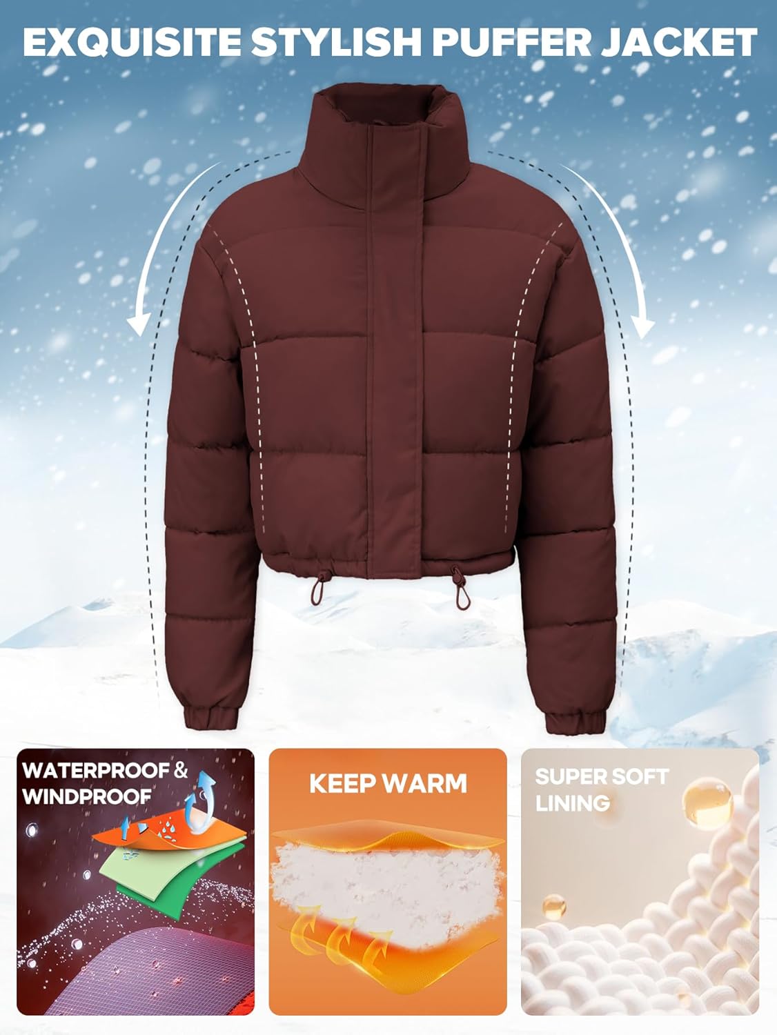 Women's Cropped Quilted Puffer Jacket Long Sleeve Stand Collar Zip-Up Puffy Coat with Drawstring & Pockets