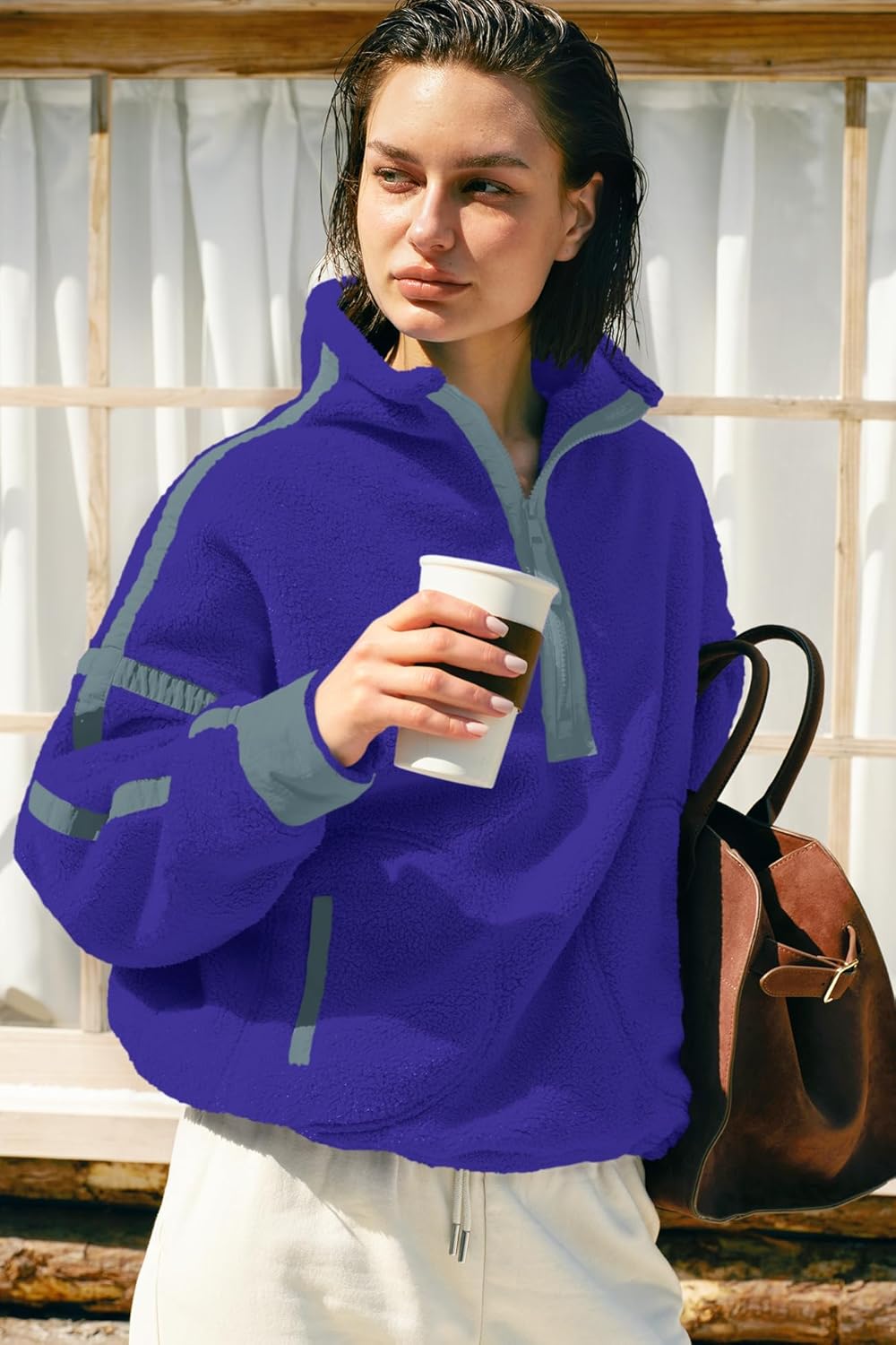 Panadila Women's Oversized Half Zip Sherpa Fleece Pullover Soft Fuzzy Sweatshirt with Pockets