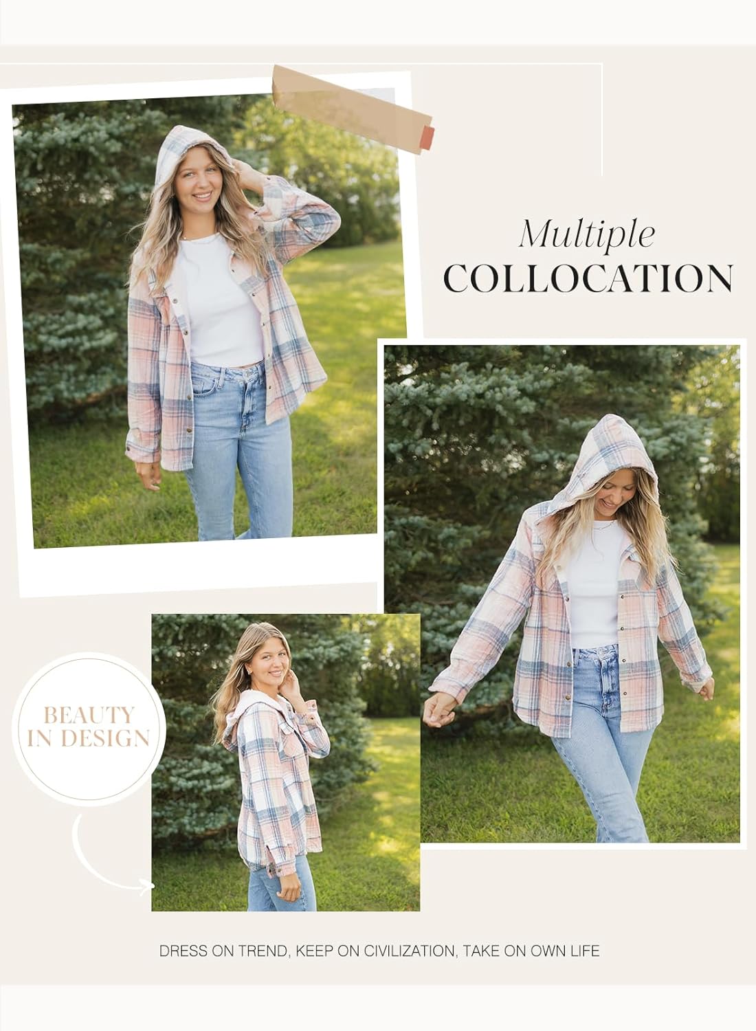 Dokotoo Women's Plaid Fleece Hooded Shacket Long Sleeve Button Down Warm Jacket Coat