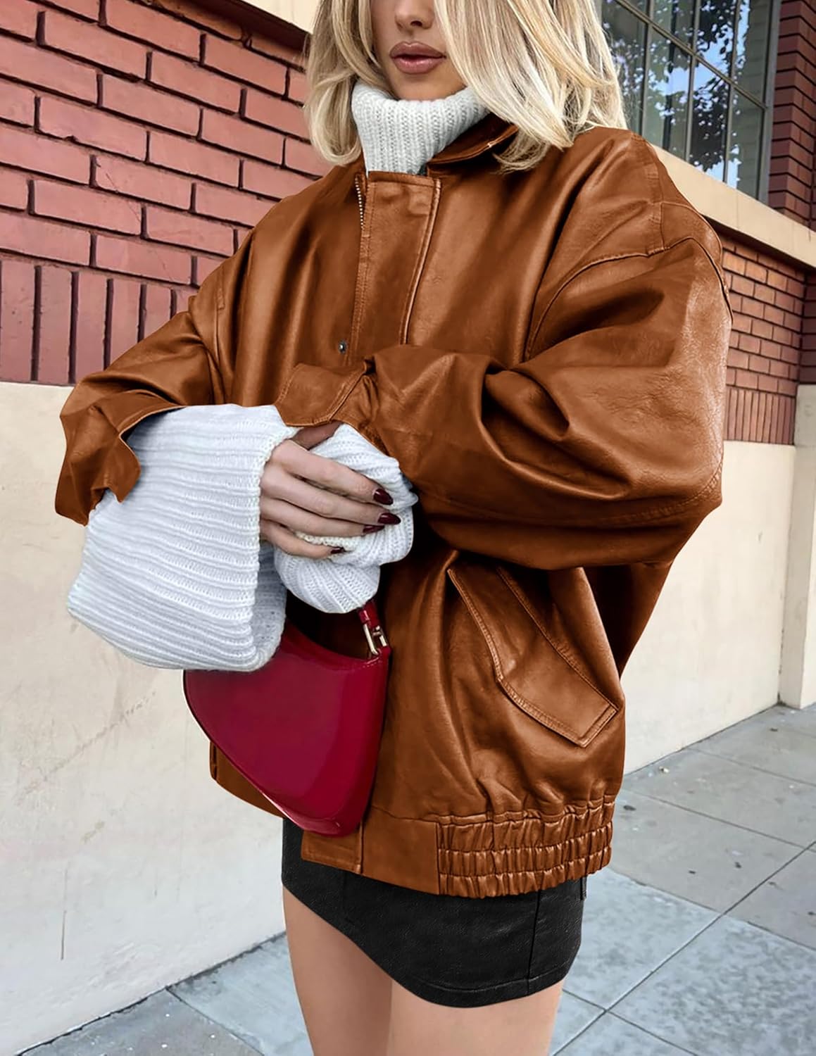 PRETTYGARDEN Women's Oversized Faux Leather Motorcycle Jacket Zip-Up Fall Spring Winter Coat Outerwear