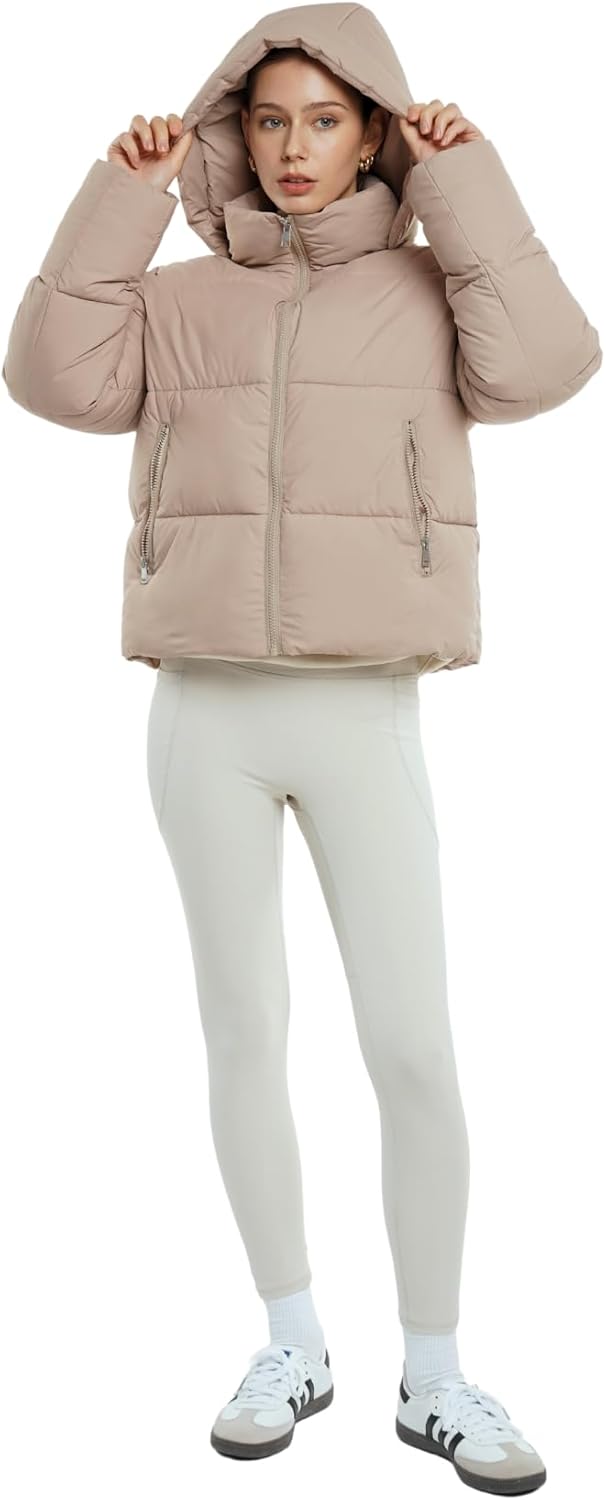 Women's Cropped Quilted Puffer Jacket with Removable Hood and Zippered Pockets Short Winter Coat
