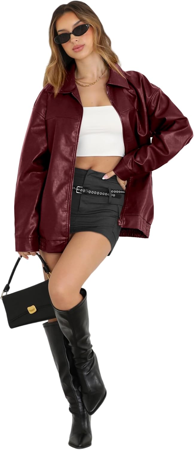 WIHOLL Women's Oversized Faux Suede Leather Jacket Fall Motorcycle Coat Winter Fashion Outfit Y2K Top