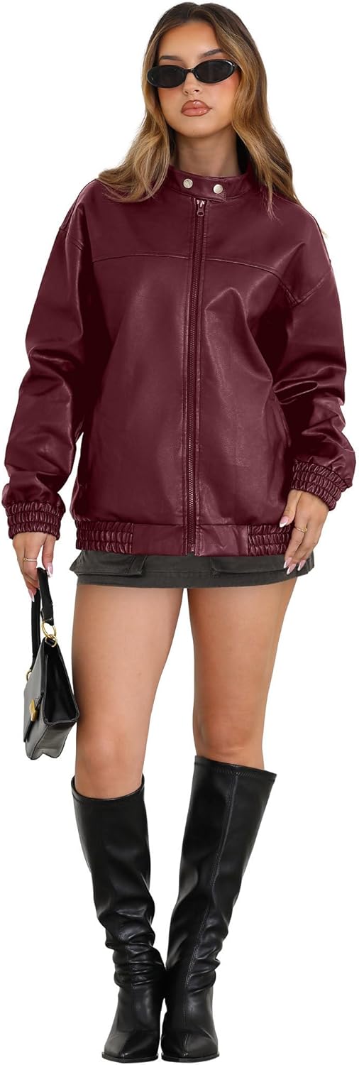 Sampeel Women's Faux Leather Oversized Motorcycle Jacket 2025 Fall Fashion Bomber Coat Winter Outfit