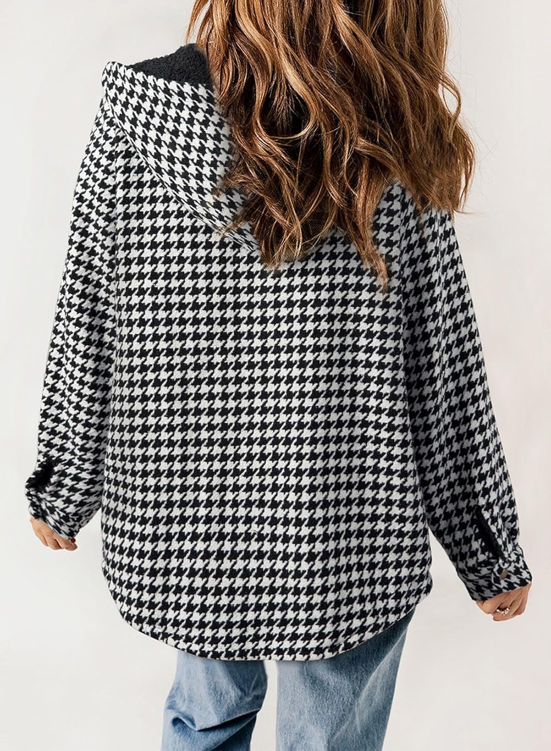 Dokotoo Women's Plaid Fleece Hooded Shacket Long Sleeve Button Down Warm Jacket Coat