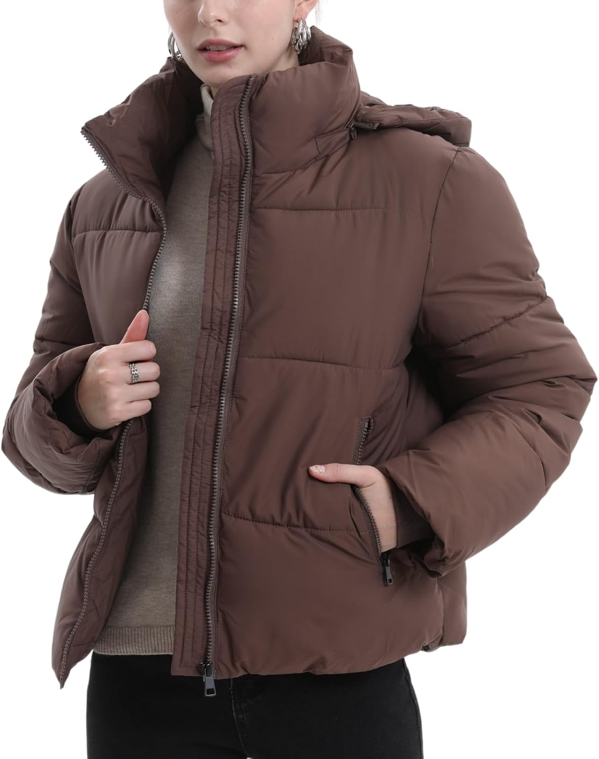 Women's Cropped Quilted Puffer Jacket with Removable Hood and Zippered Pockets Short Winter Coat