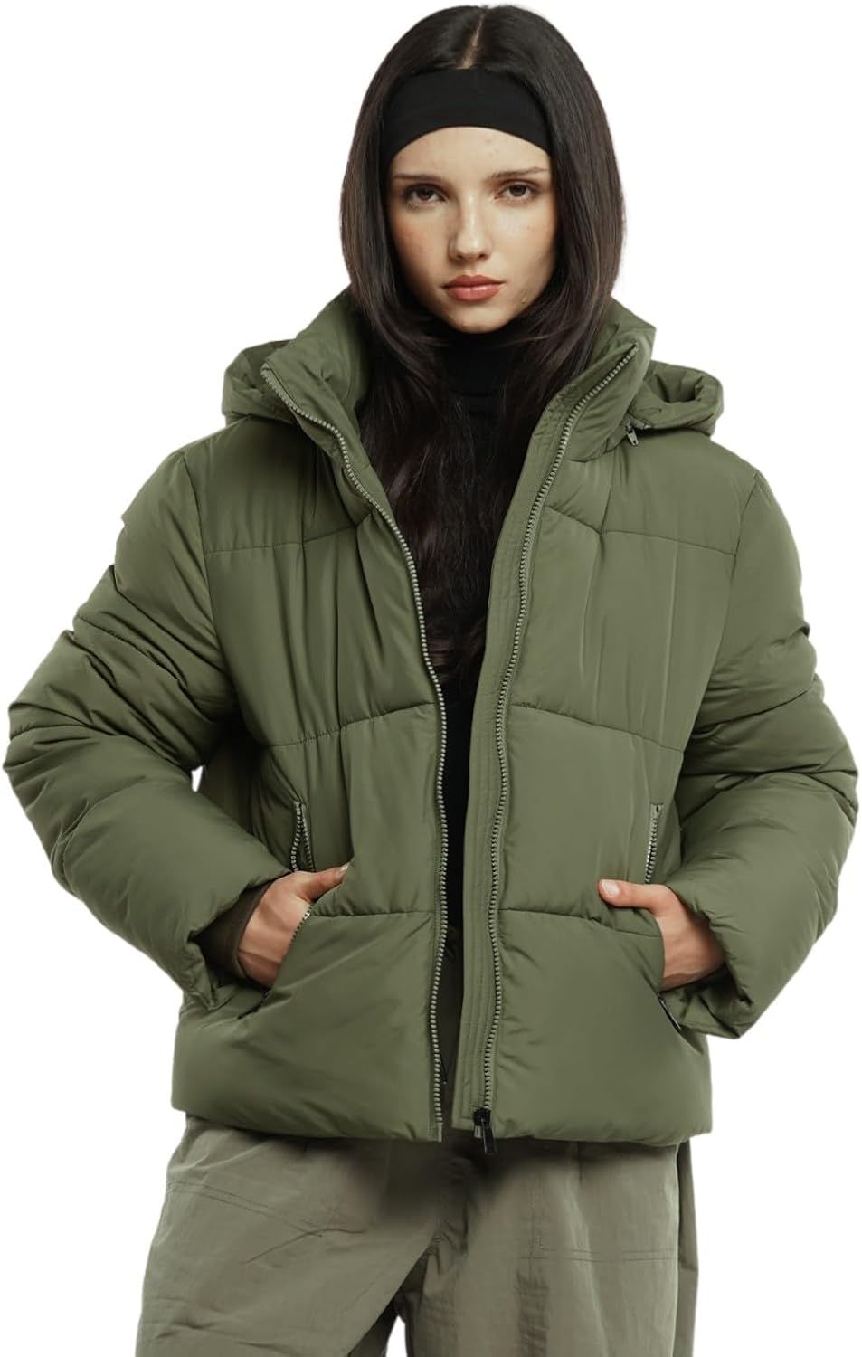 Women's Cropped Quilted Puffer Jacket with Removable Hood and Zippered Pockets Short Winter Coat