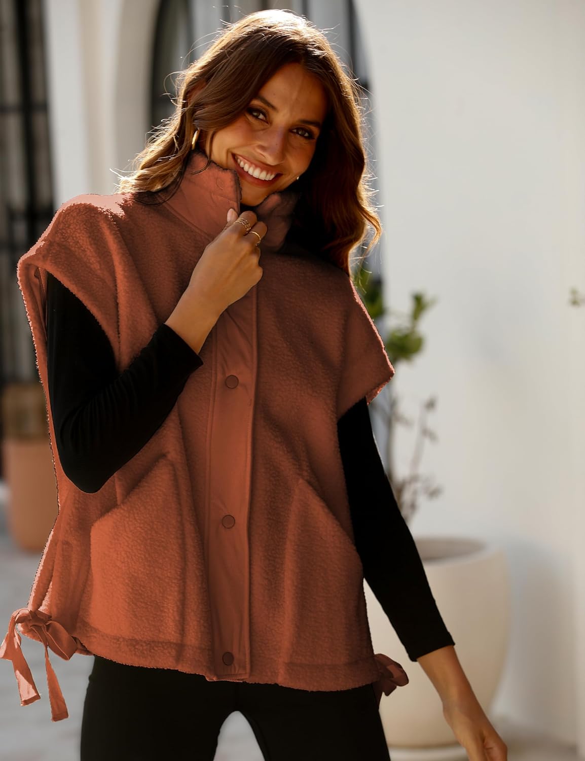 OPCAKM Women's Oversized Fuzzy Fleece Sherpa Vest Button Down Sleeveless Jacket with Pockets