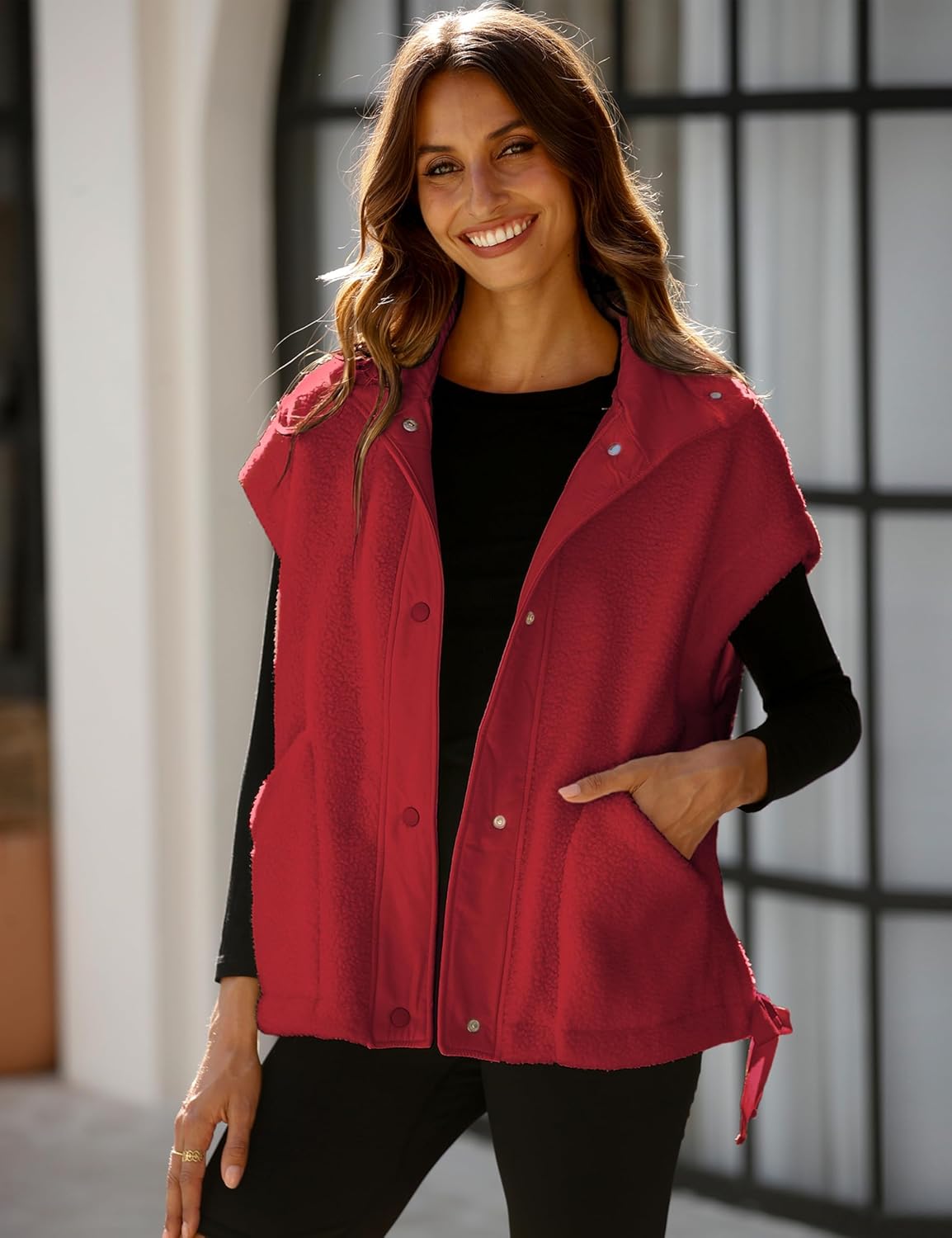 OPCAKM Women's Oversized Fuzzy Fleece Sherpa Vest Button Down Sleeveless Jacket with Pockets