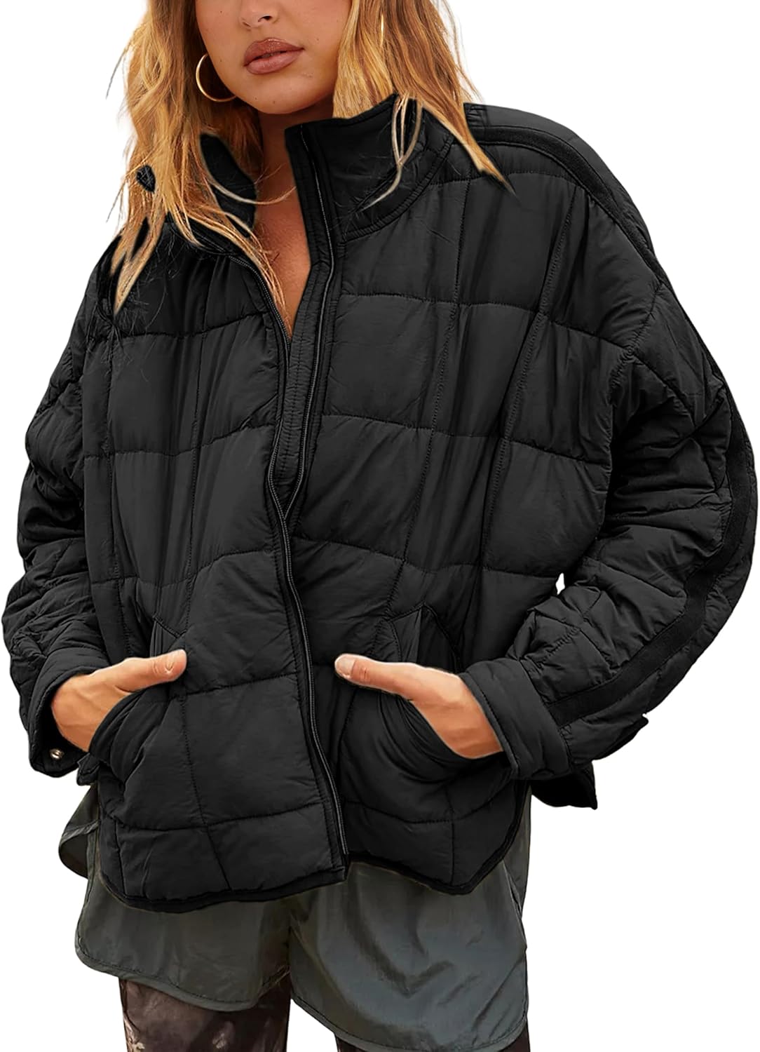 Bianstore Women's Oversized Quilted Splice Lightweight Puffer Jacket Casual Padded Coat