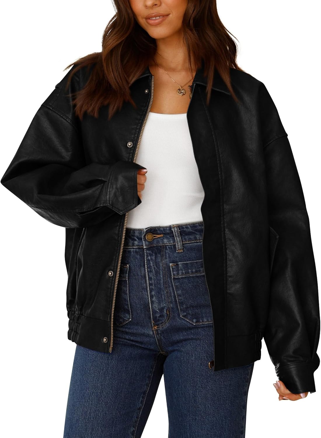 PRETTYGARDEN Women's Oversized Faux Leather Motorcycle Jacket Zip-Up Fall Spring Winter Coat Outerwear