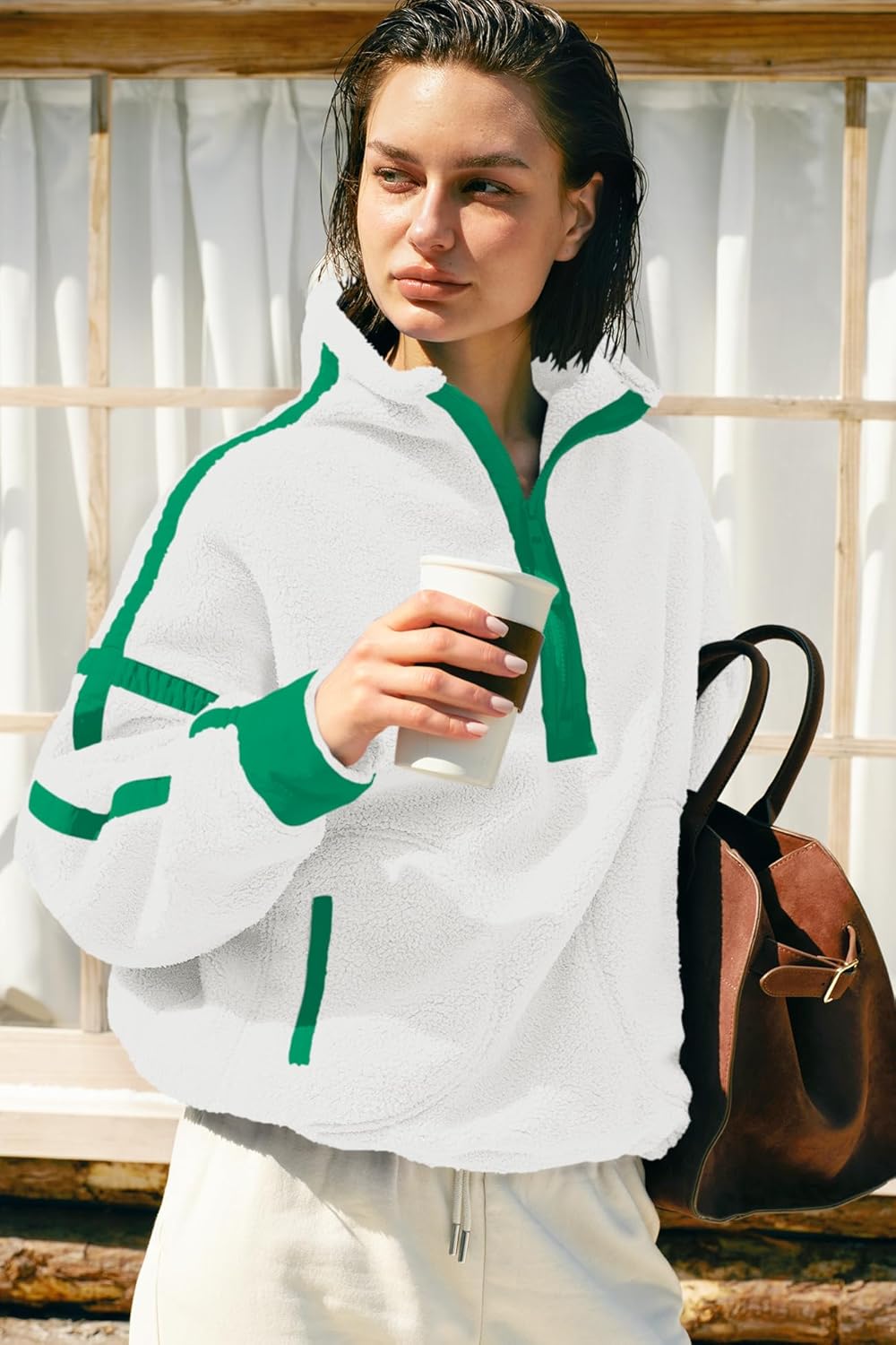 Panadila Women's Oversized Half Zip Sherpa Fleece Pullover Soft Fuzzy Sweatshirt with Pockets