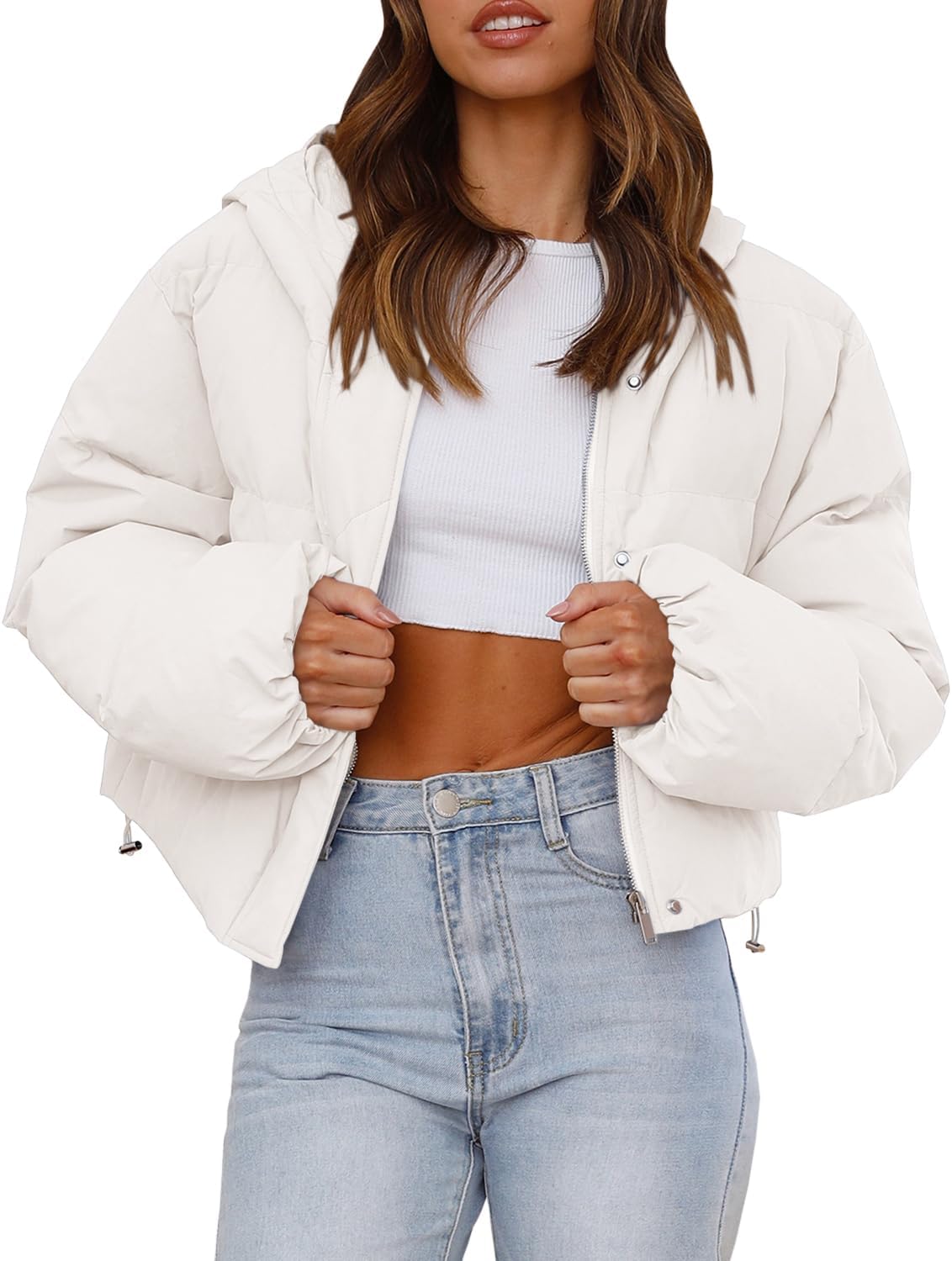 Tankaneo Women's Cropped Baggy Puffer Jacket Casual Winter Hoodie Short Coat with Pockets