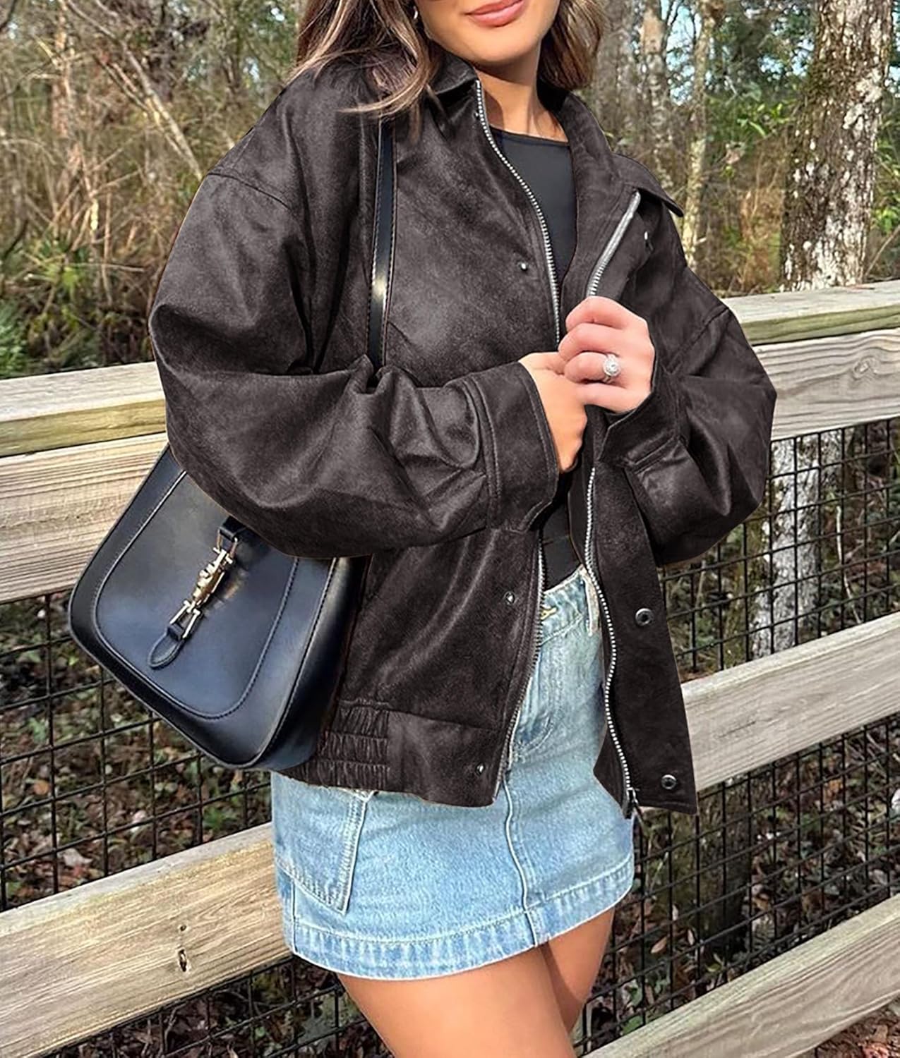 PRETTYGARDEN Women's Oversized Faux Leather Motorcycle Jacket Zip-Up Fall Spring Winter Coat Outerwear