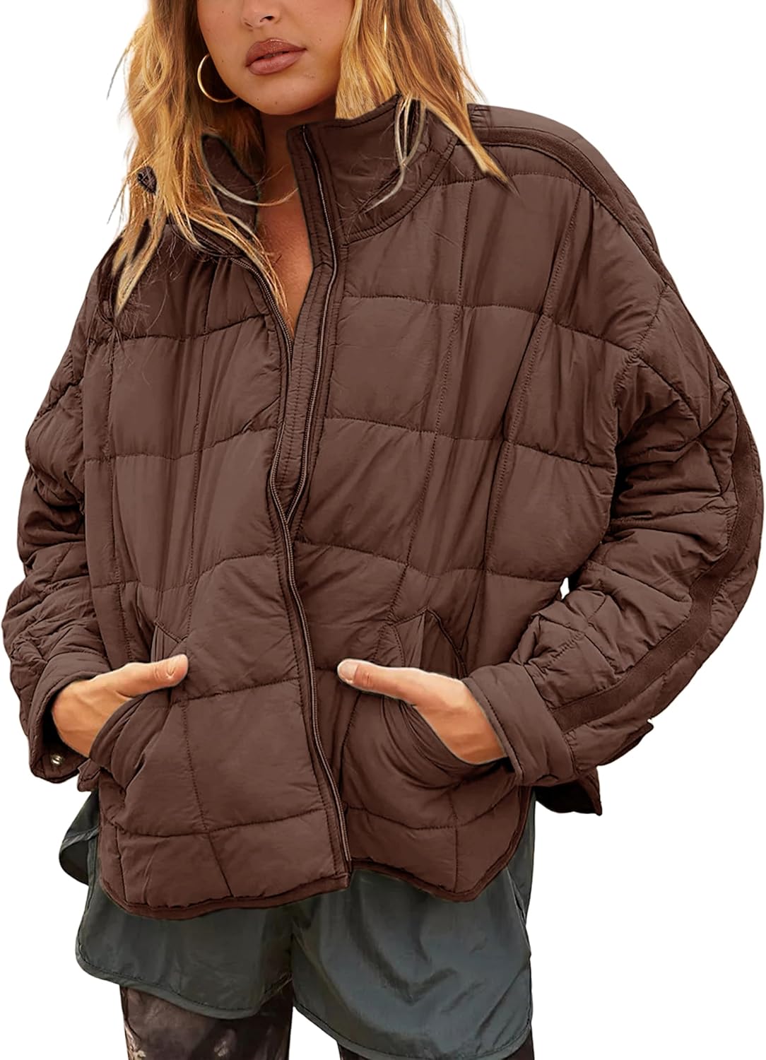 Bianstore Women's Oversized Quilted Splice Lightweight Puffer Jacket Casual Padded Coat